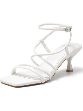 Women's White Kitten Heels Sandals Square Open Toe Low Heel 2.56" Dress Shoes